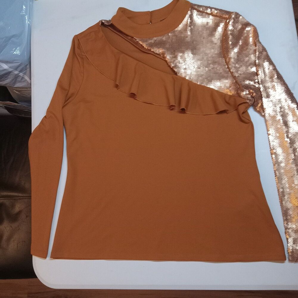 C Wonder by Christian Siriano Mock Neck Cutout Mixed Media Top, XL Pumpkin Spice